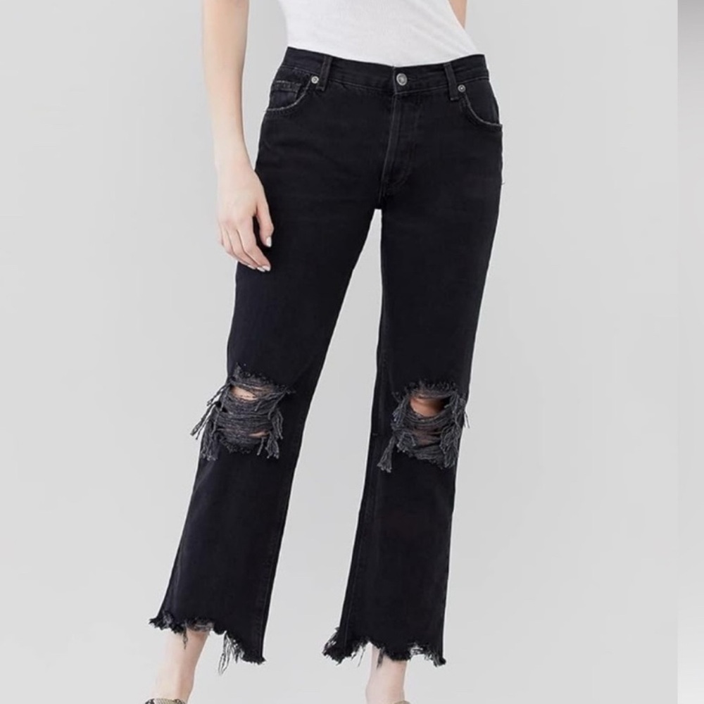 We The FREE PEOPLE Maggie Mid Rise Straight Leg Distressed Denim Black 29 - Picture 3 of 11